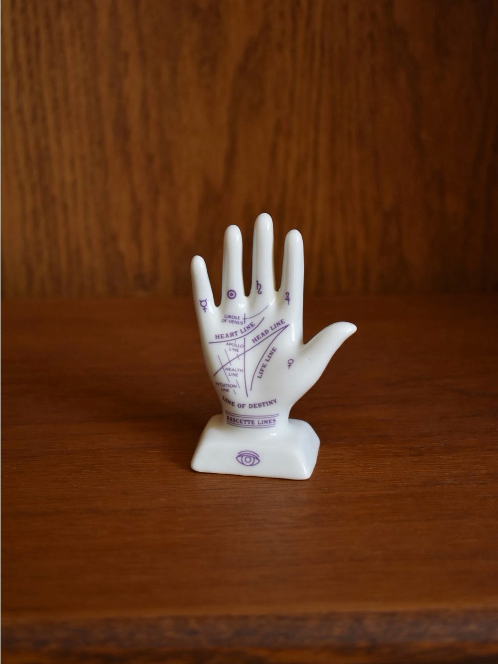 Ceramic Palmistry Hand Figurine in White with Purple Print
